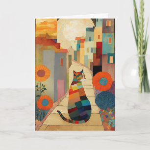 Cats and flowers in a moonlit village thank you card