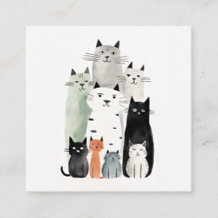 Cats and Friends Watercolor Gouache Illustration Square Business Card