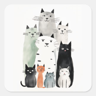 Cats and Friends Watercolor Gouache Illustration Square Sticker