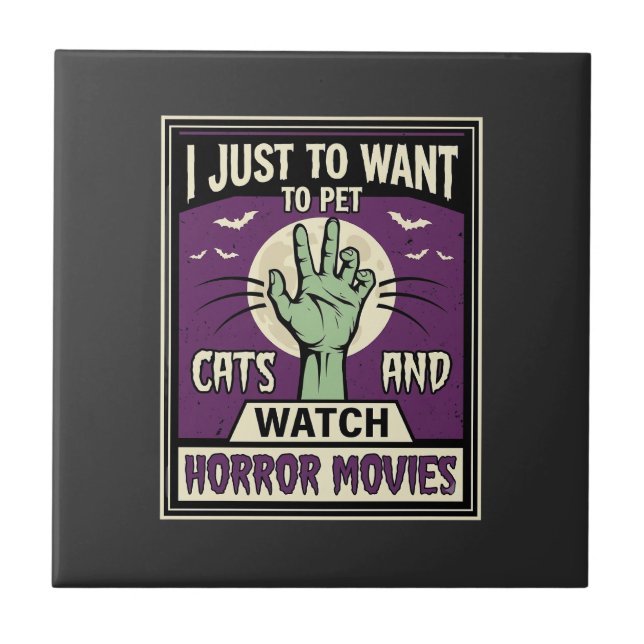 Cats And Horror Movies Halloween Design Tile (Front)