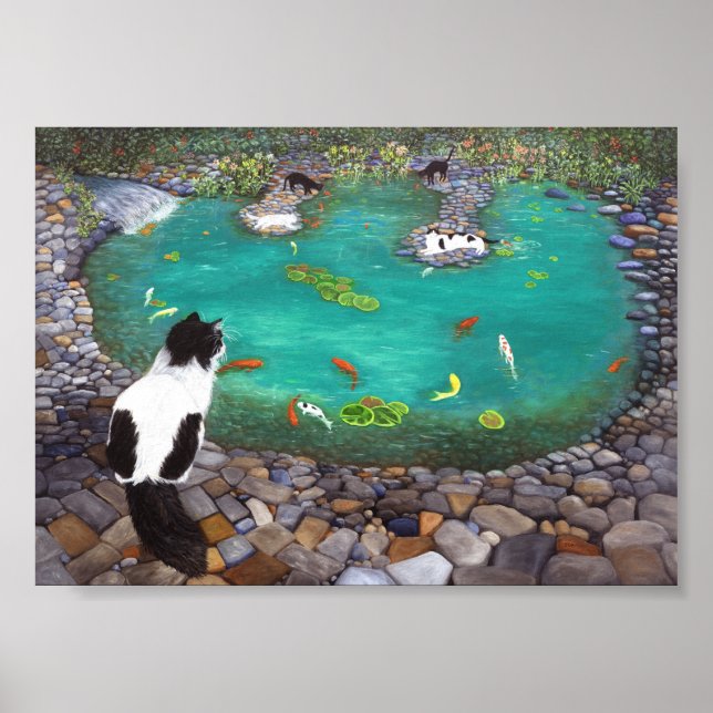 Cats and Koi Fish art print. Gift for cat lovers.  Poster (Front)