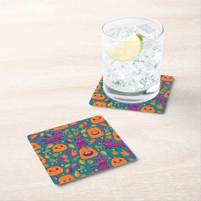Cats and pumpkins embroidery square paper coaster (Insitu)