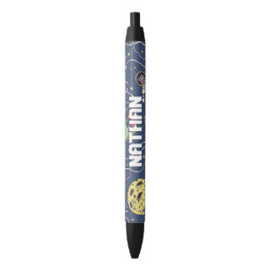 Cats and Rockets in Space Personalised Kids Black Ink Pen