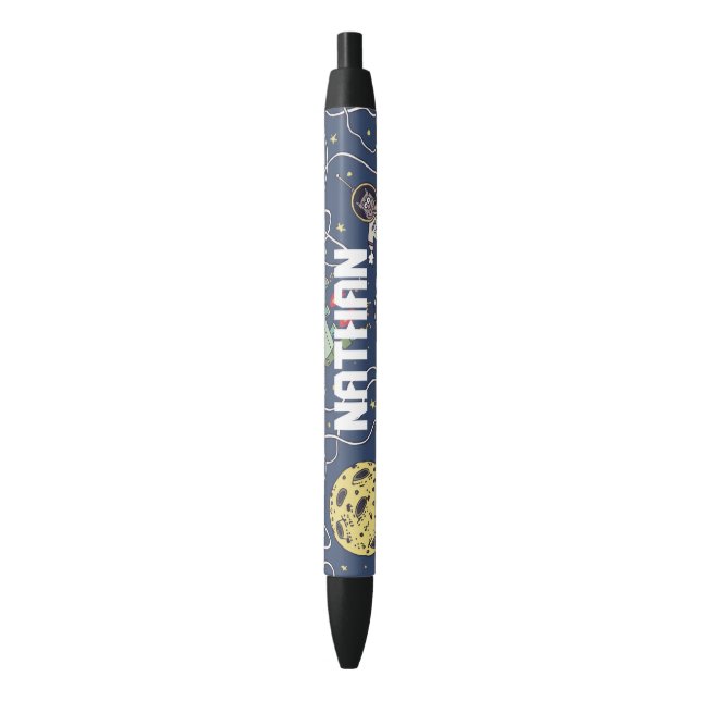 Cats and Rockets in Space Personalised Kids Black Ink Pen (Front Vertical)