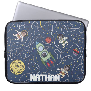 Cats and Rockets in Space Personalised Laptop Sleeve
