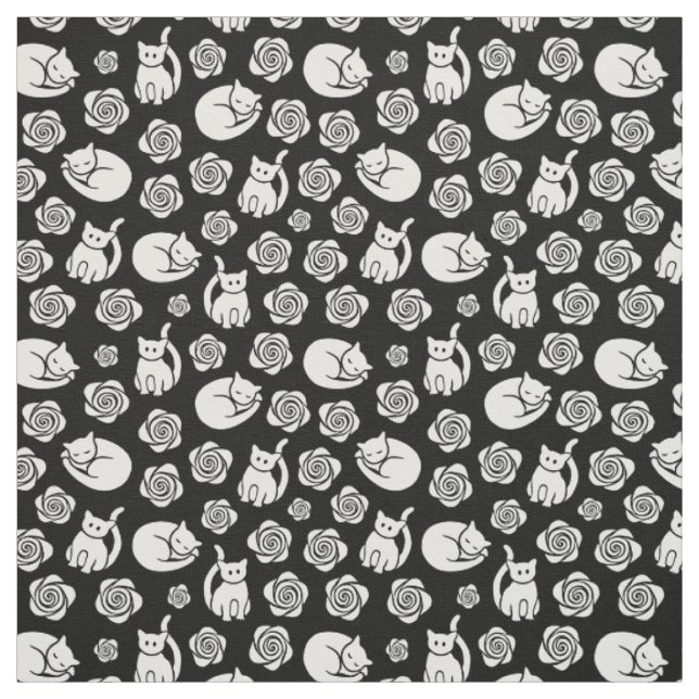 Cats and Roses Black and White Fabric (Swatch)