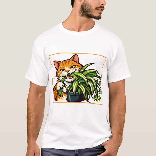 Cats and Spider Plants Funny Art T-Shirt (Front)