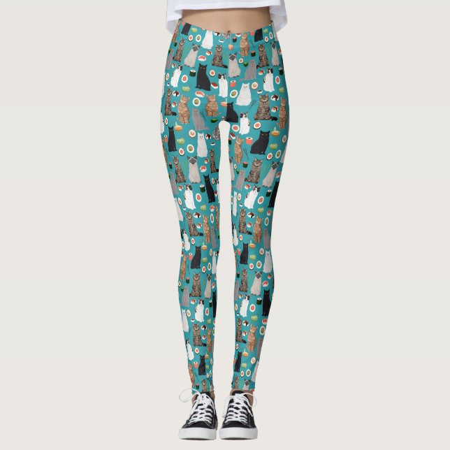 Cats and Sushi funny food pattern Leggings (Front)