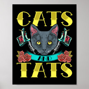 Cats And Tats Vintage Old Style Tattoo Design  Poster