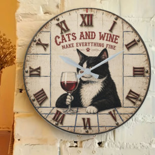 Cats and Wine Make Everything Fine Large Clock
