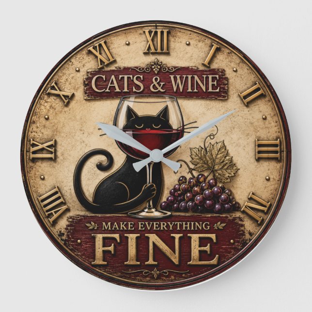 Cats and Wine Make Everything Fine Rustic Farm Large Clock (Front)