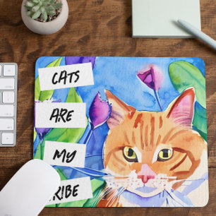 Cats are My Tribe   Orange Cat and Flowers Mouse Pad