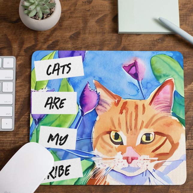 Cats are My Tribe | Orange Cat and Flowers Mouse Pad (Creator Uploaded)