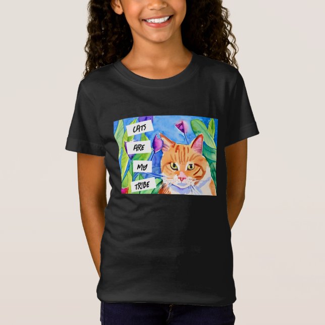 Cats are My Tribe | Orange Cat and Flowers T-Shirt (Front)