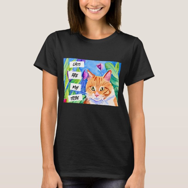 Cats are My Tribe | Orange Cat and Flowers T-Shirt (Front)