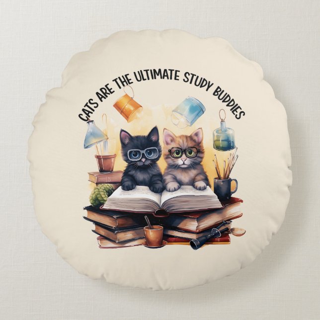 Cats Are The Ultimate Study Buddies Round Cushion (Front)