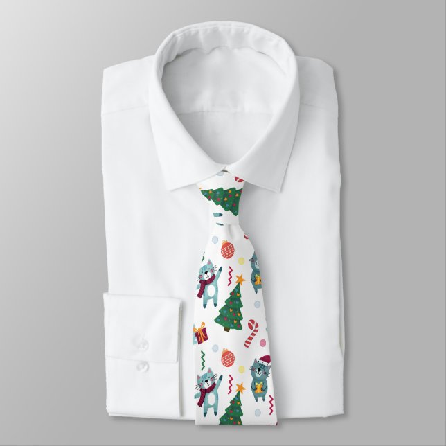 Cats At christmas Whimsical Pattern Tie (Tied)