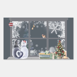 Cats at Christmas Window  Rectangular Sticker