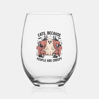 Cats Because People Are Creepy Funny Ghost Hallowe Stemless Wine Glass