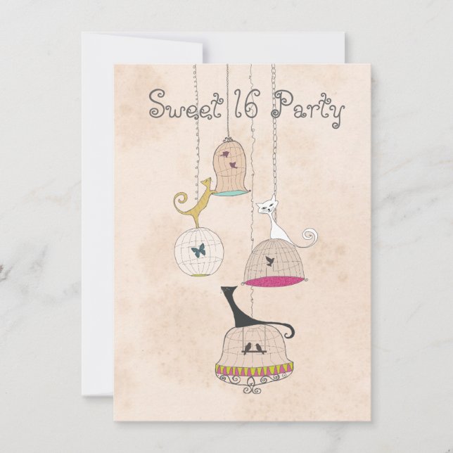 Cats Birdcages Sweet 16 Party Invites (Front)