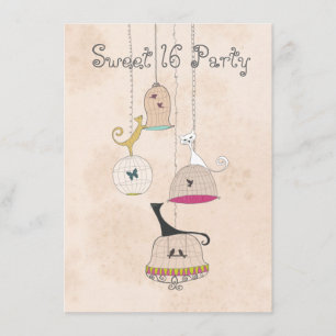 Cats Birdcages Sweet 16 Party Invites