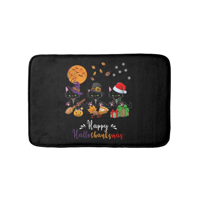 Cats Black Cat Halloween and Merry Christmas Happy Bath Mat (Front)