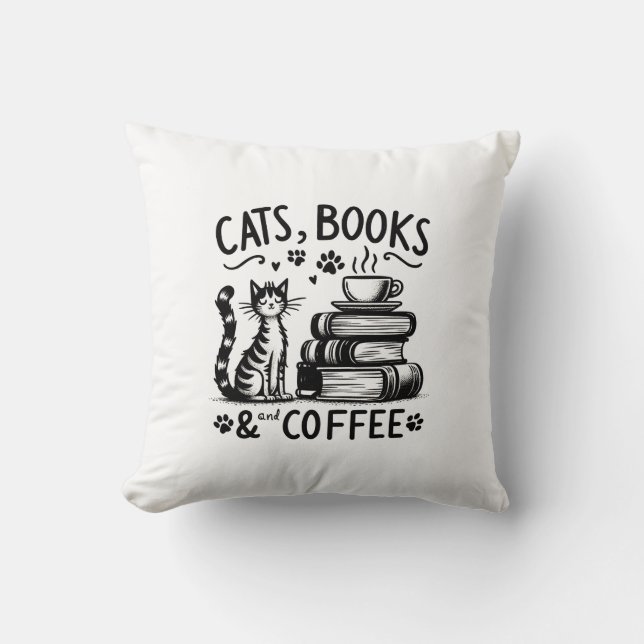  Cats, Books, and Coffee Cushion (Front)
