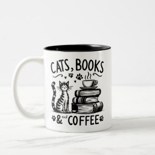  Cats, Books, and Coffee Two-Tone Coffee Mug