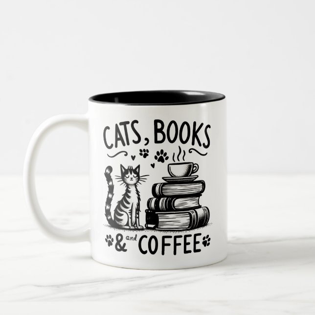 Cats, Books, and Coffee Two-Tone Coffee Mug (Left)