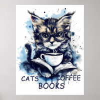Cats Books Coffee Watercolor Boho Abstract