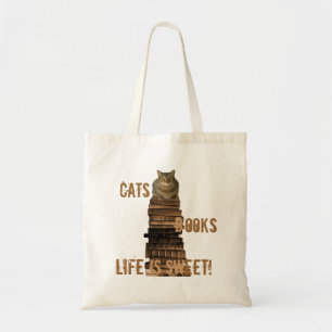 Cats books life is sweet - brown tote bag