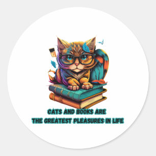 Cats books life pleasure feline friend literature classic round sticker