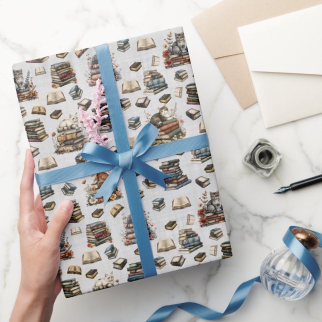 Cats & Books on Pale Gray Wrapping Paper (Gifting)