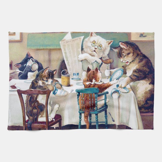 Cat's Breakfast Time, Louis Wain Tea Towel (Horizontal)