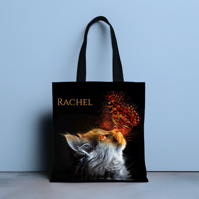 Cat's Butterfly Kisses Personalised Name Tote Bag (Creator Uploaded)