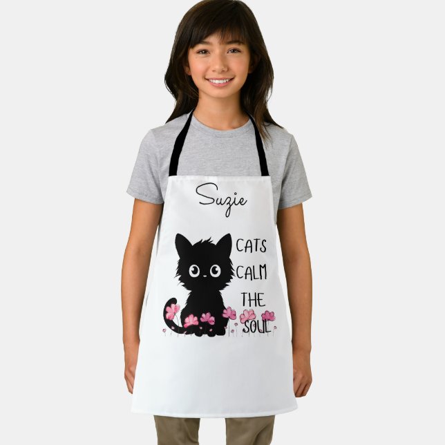 Cats Calm the Soul Cute Black Cat in Pink Flowers Apron (Insitu)