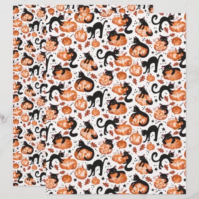 Cats Carving Halloween Pumpkins Scrapbook Paper (Front/Back)