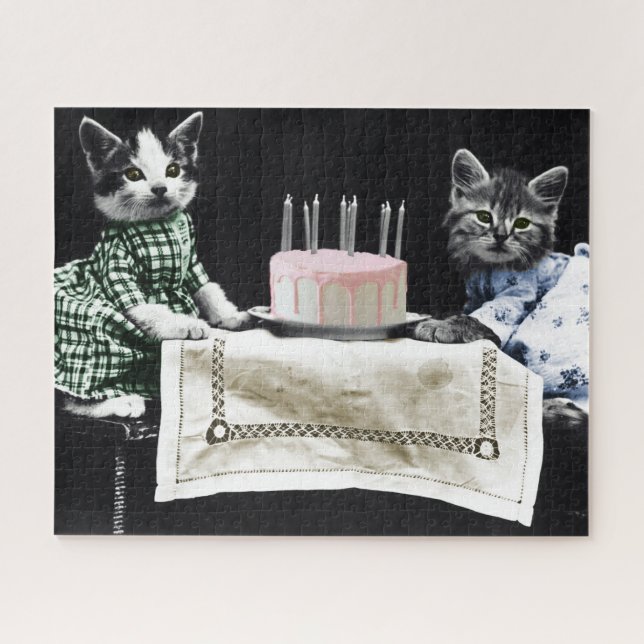 Cats celebrating a birthday with cake and candles jigsaw puzzle (Horizontal)
