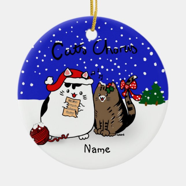 Cats Chorus - fun cat Christmas choir personalised Ceramic Tree Decoration (Front)