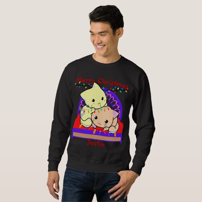Cats christmas on bed, personalised name  sweatshirt (Front Full)