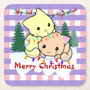 Cats christmas on snow, personalised name    square paper coaster