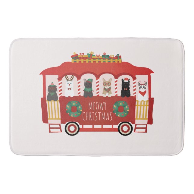 Cats Christmas Trolly Meowy Christmas Bath Mat (Front)