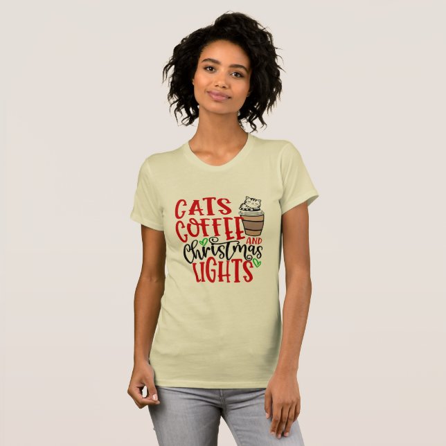Cats Coffee, Christmas Lights Funny Christmas Cat  T-Shirt (Front Full)