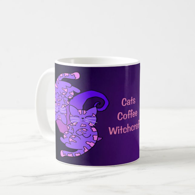 Cats Coffee Witchcraft Gemini Retro Neon Purple Mug (Front Left)