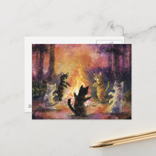 Cats Dancing Around the Bonfire Postcard (Front/Back In Situ)
