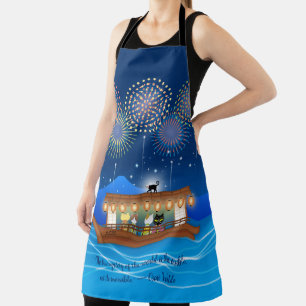 Cats Delighting in Fireworks Aboard a Houseboat Apron