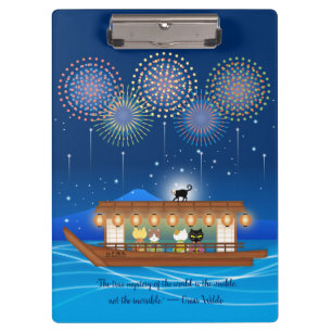 Cats Delighting in Fireworks Aboard a Houseboat Clipboard