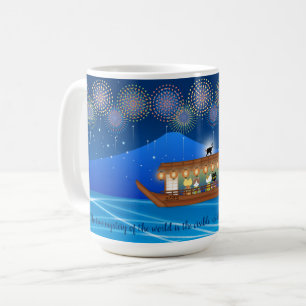 Cats Delighting in Fireworks Aboard a Houseboat Coffee Mug