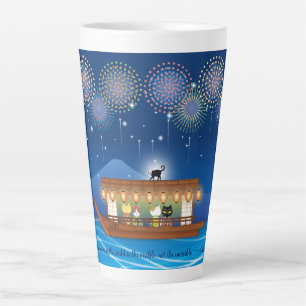 Cats Delighting in Fireworks Aboard a Houseboat Latte Mug