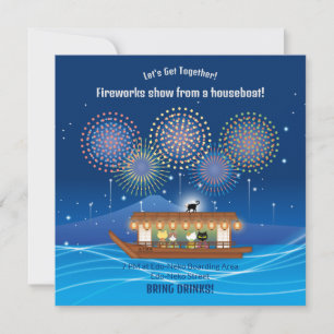 Cats Delighting in Fireworks Flat Invitation Card